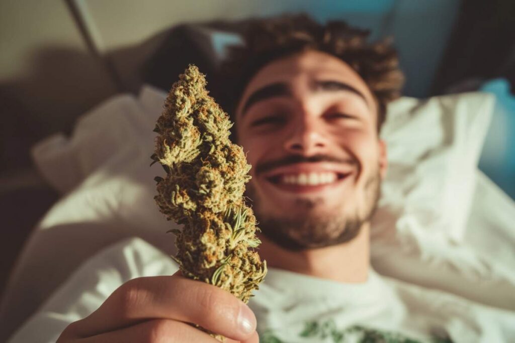 homme souriant tenant un bud de cbd